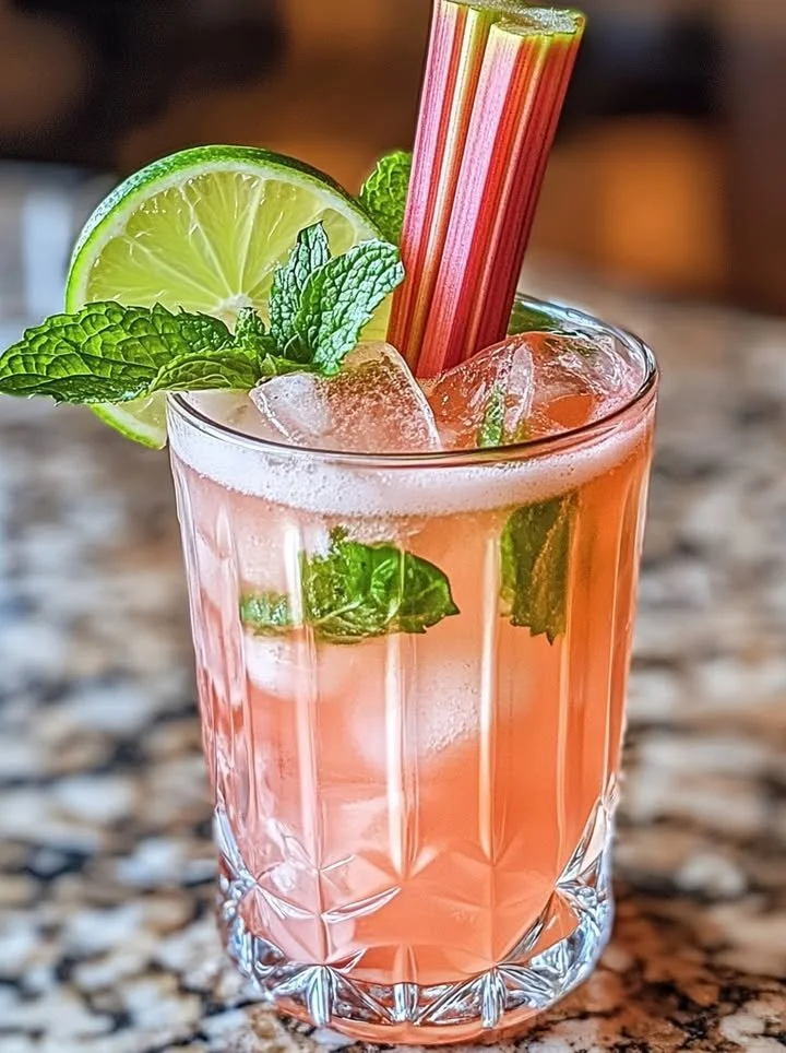 A refreshing Rhubarb Ginger Fizz cocktail garnished with fresh herbs.