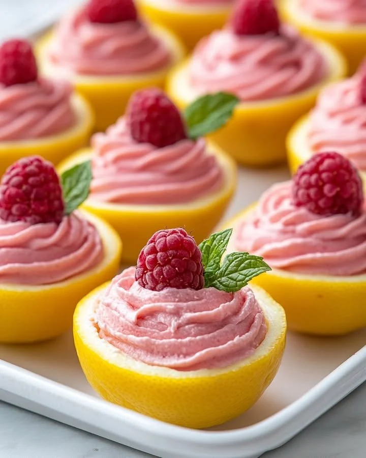 Ricotta raspberry mousse served in hollowed lemons for a refreshing dessert.