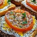 Ricotta Tomato Sourdough Toast topped with fresh tomatoes and herbs