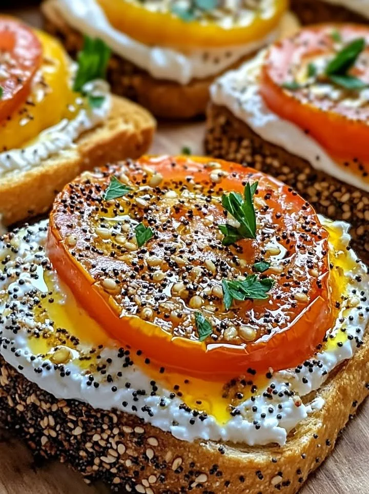 Ricotta Tomato Sourdough Toast topped with fresh tomatoes and herbs