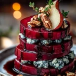 Roasted Beet and Blue Cheese Towers served on a plate