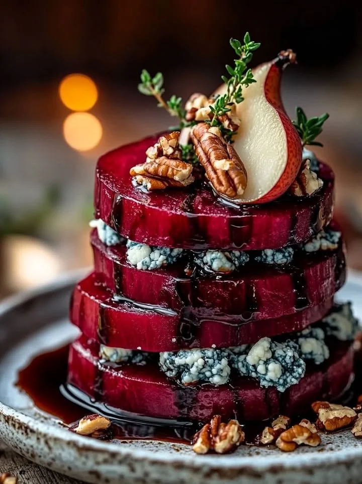 Roasted Beet and Blue Cheese Towers served on a plate