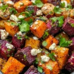 Roasted beets and sweet potatoes with feta and cilantro on a plate