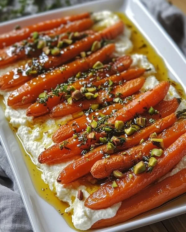Roasted carrots served with whipped ricotta and hot honey drizzle