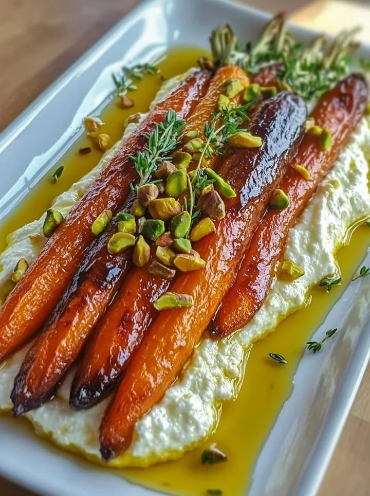 Plate of roasted carrots with whipped ricotta and hot honey drizzled on top