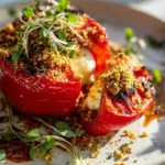 Roasted Pepper Burrata Bombs with Pistachio-Chili Crumble on a platter