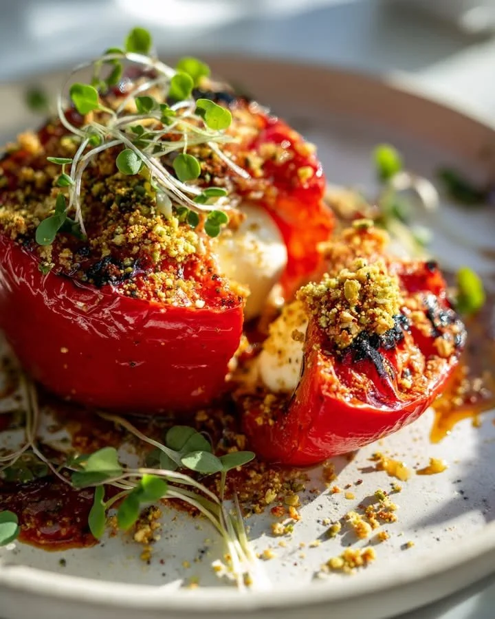 Roasted Pepper Burrata Bombs with Pistachio-Chili Crumble on a platter