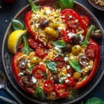Roasted red bell peppers filled with orzo and topped with lemony basil