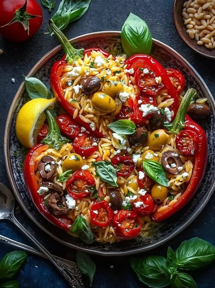 Roasted red bell peppers filled with orzo and topped with lemony basil