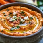 A bowl of roasted red pepper feta dip served with vegetables and crackers.