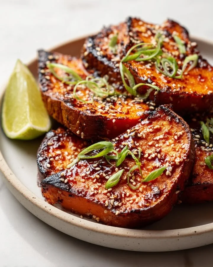 Roasted sweet potato steaks with gochujang-maple glaze on a plate