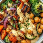Roasted veggie chickpea bowls with maple Dijon tahini dressing in a bowl
