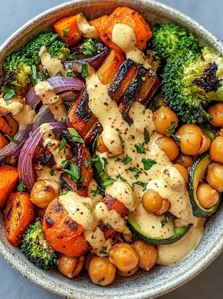 Roasted veggie chickpea bowls with maple Dijon tahini dressing in a bowl