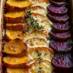 Delicious Root Vegetable Gratin with sweet potatoes, parsnips, and beets baked to perfection.