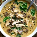 Delicious rotisserie chicken mushroom soup with fresh spinach in a bowl