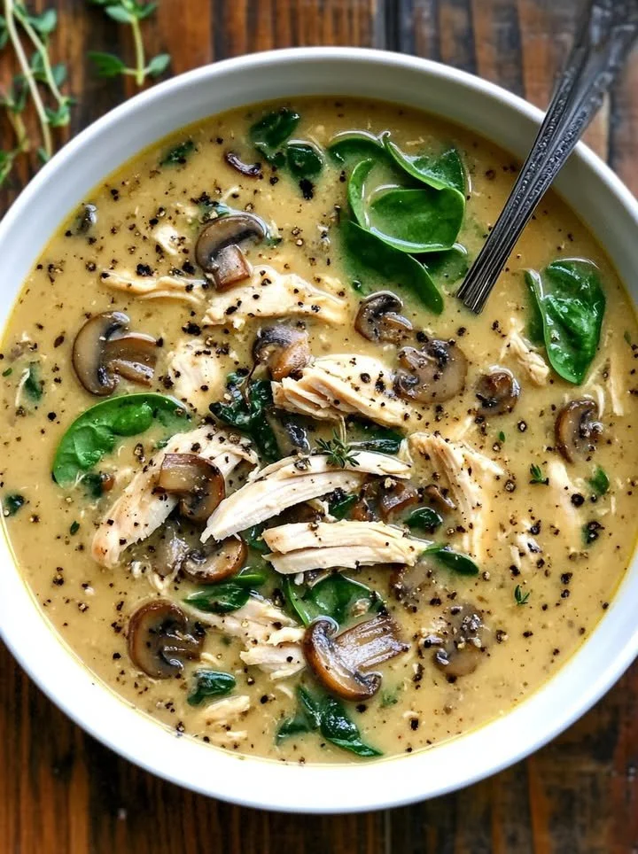 Delicious rotisserie chicken mushroom soup with fresh spinach in a bowl