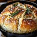 Freshly baked Rustic Garlic Rosemary Skillet Bread in a cast iron skillet.