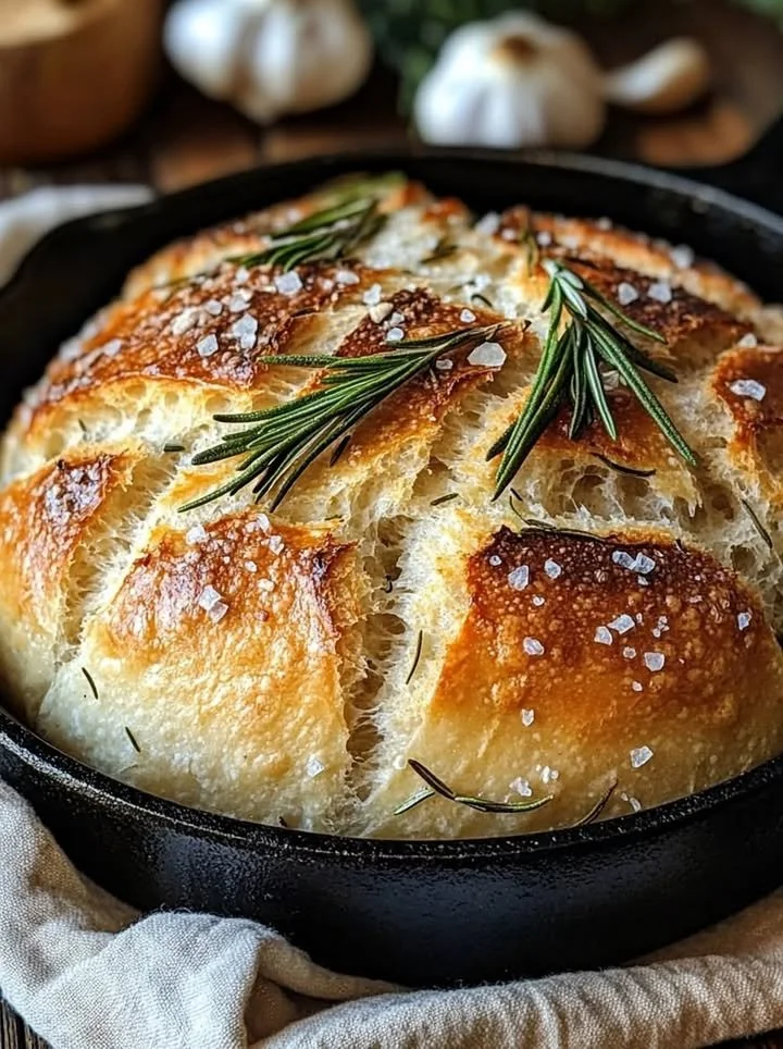 Freshly baked Rustic Garlic Rosemary Skillet Bread in a cast iron skillet.