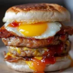 Sausage egg and cheese sandwich with grape jelly on a plate