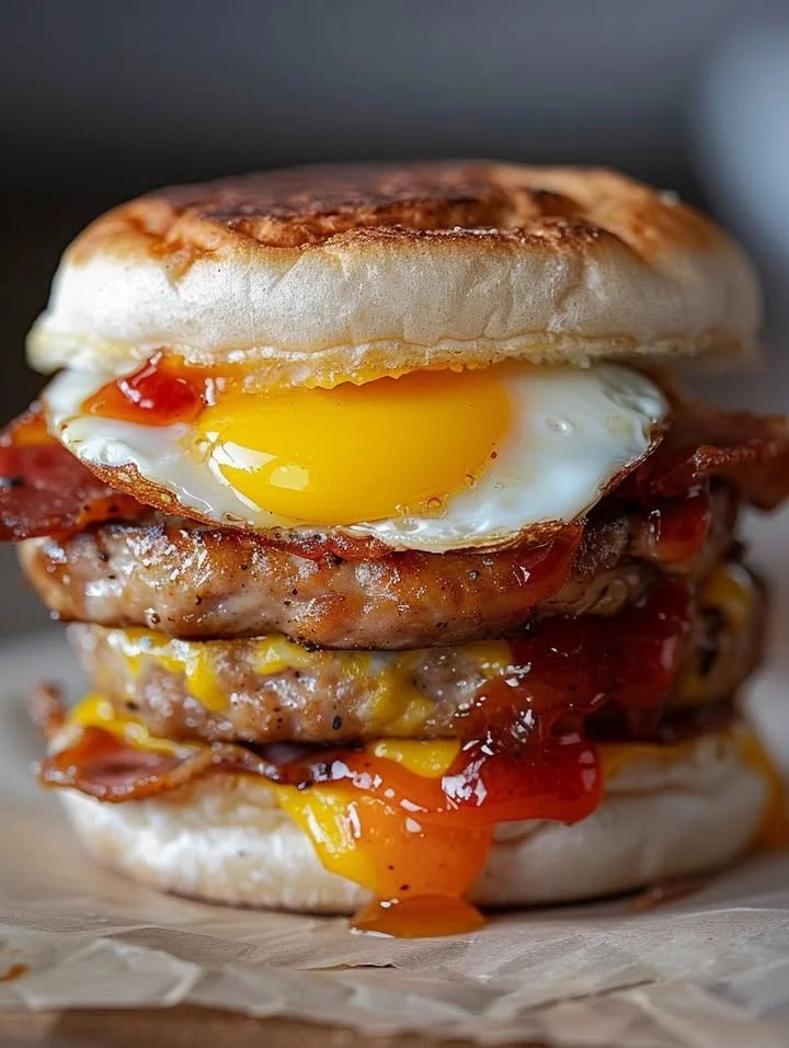 Sausage egg and cheese sandwich with grape jelly on a plate