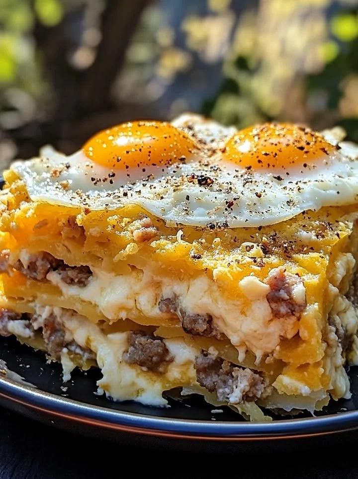 Sausage, Egg, and Cream Cheese Hashbrown Casserole in a baking dish