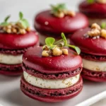 Savory beet macarons with goat cheese filling and walnut crunch garnish