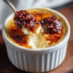 Savory crème brûlée topped with goat cheese and fig chili jam on a decorative plate.