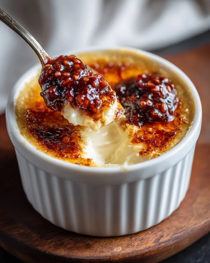 Savory crème brûlée topped with goat cheese and fig chili jam on a decorative plate.