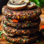 Savory mushroom lentil burgers on a plate with fresh toppings.