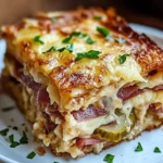 Savory Reuben Bake with layers of corned beef, sauerkraut, and cheese