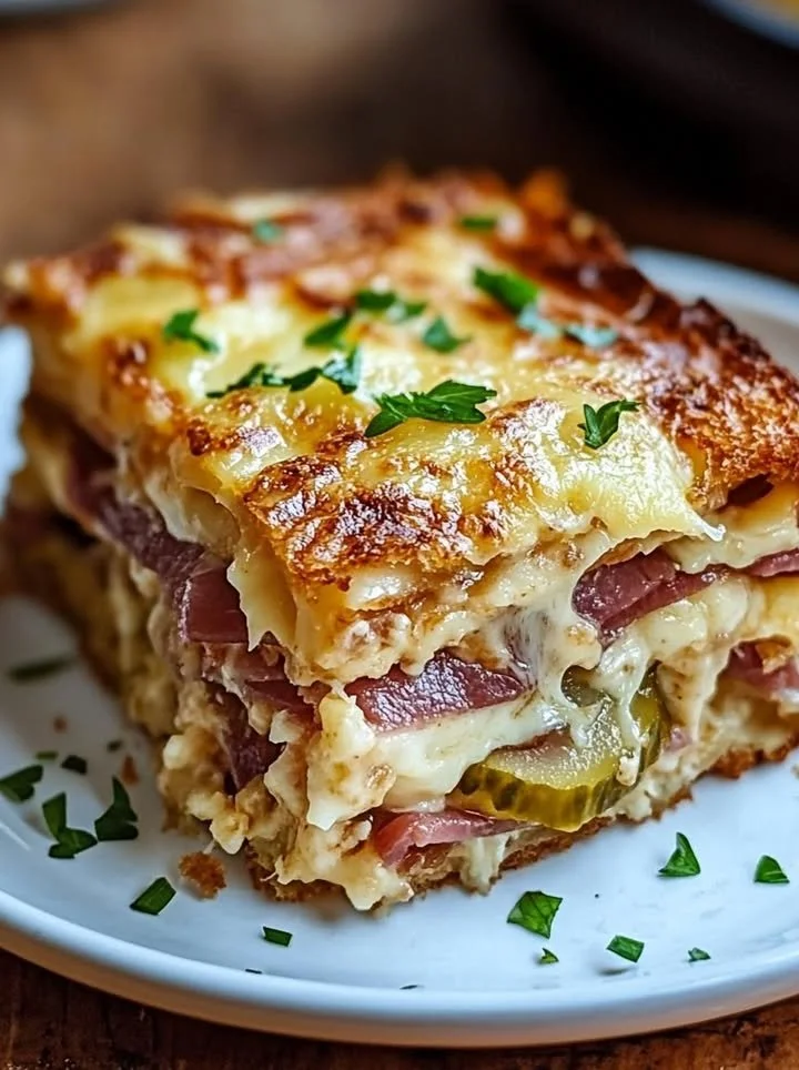 Savory Reuben Bake with layers of corned beef, sauerkraut, and cheese