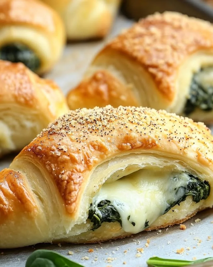 Savory spinach and cheese stuffed crescent rolls on a baking tray