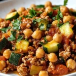 Savory Turkey Zucchini Skillet with chickpeas in a vibrant dish
