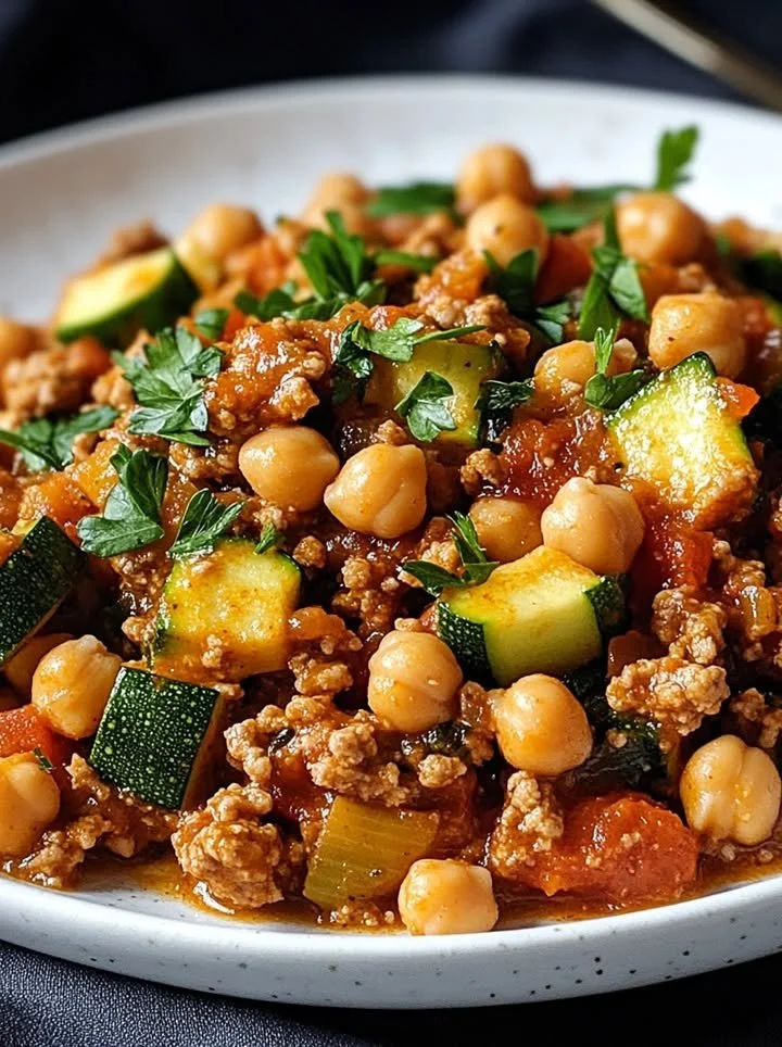 Savory Turkey Zucchini Skillet with chickpeas in a vibrant dish