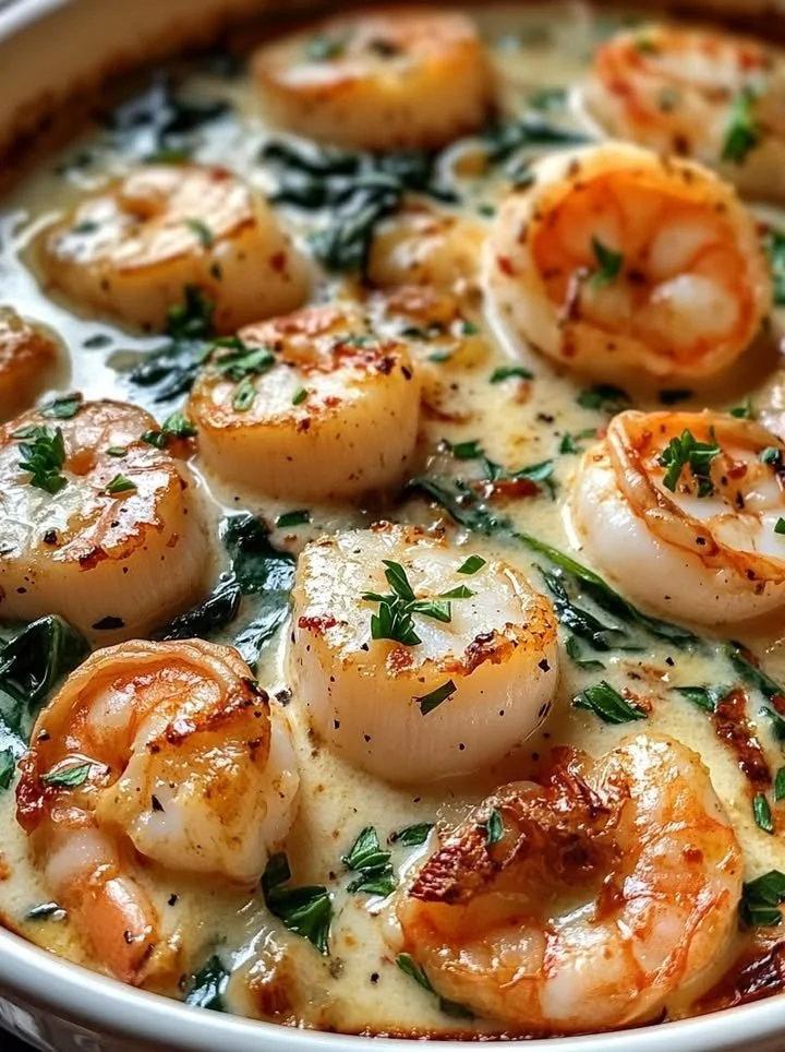 Delicious scallops and shrimp in creamy sun-dried tomato sauce