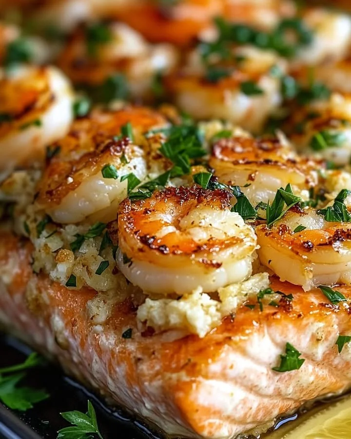 Delicious Seafood-Stuffed Salmon garnished with herbs and lemon.