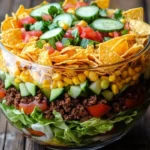 Seven-layer taco salad fiesta bowl with fresh ingredients served in a colorful presentation.