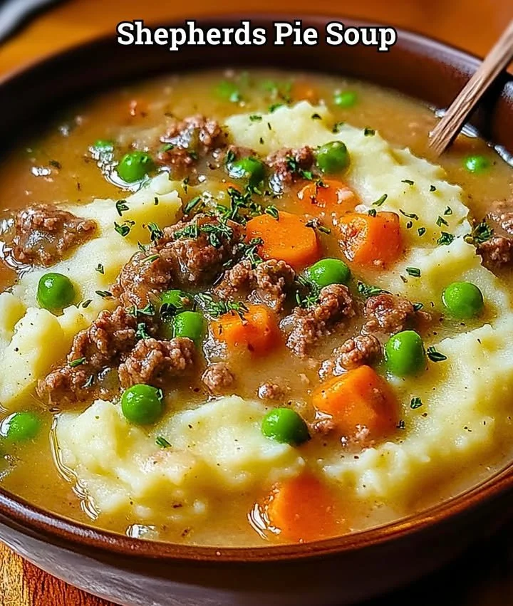 Bowl of Shepherd's Pie Soup topped with parsley and served with bread