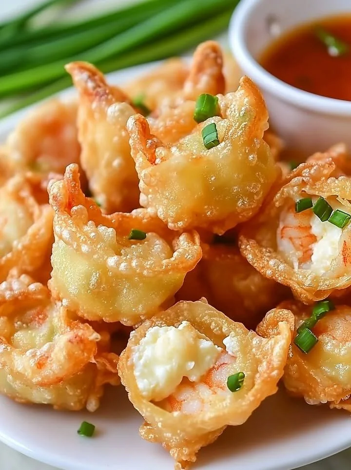 Shrimp and cream cheese wontons served on a platter