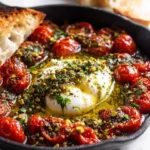 Skillet-baked burrata with blistered tomatoes and pistachio pesto oil