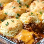 Sloppy Joe Biscuit Casserole served in a dish with a side salad