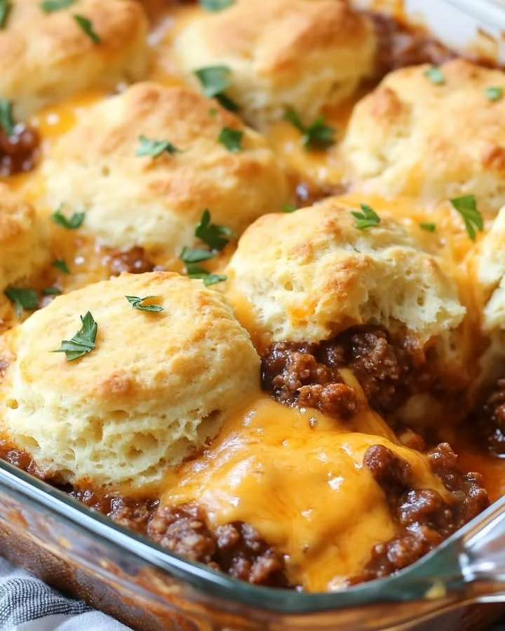 Sloppy Joe Biscuit Casserole served in a dish with a side salad