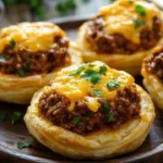 Sloppy Joe Puff Pastry Nests topped with melted cheese and herbs