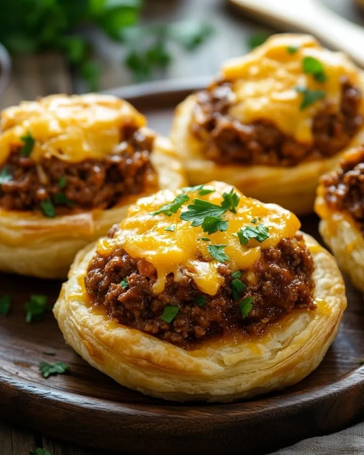 Sloppy Joe Puff Pastry Nests topped with melted cheese and herbs