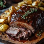 Slow cooker beef brisket with homemade BBQ sauce on a serving platter