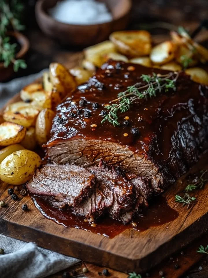 Slow cooker beef brisket with homemade BBQ sauce on a serving platter
