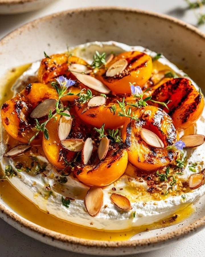 Plate of smoky stone fruit with herbed cheese, showcasing a delightful gourmet dish.