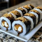 Delicious S'mores Sushi with marshmallows, chocolate, and rice treats