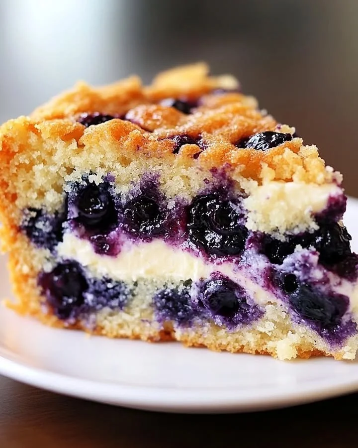 Sour Cream Blueberry Coffee Cake on a plate, fresh blueberries on top