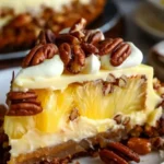 Slice of Southern Creamy Pineapple Pecan Cake with pecans and pineapple toppings